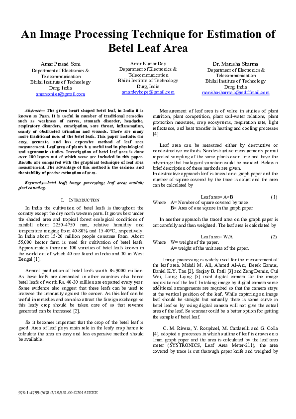 (PDF) Estimating Betel Leaf Area Using Image Processing