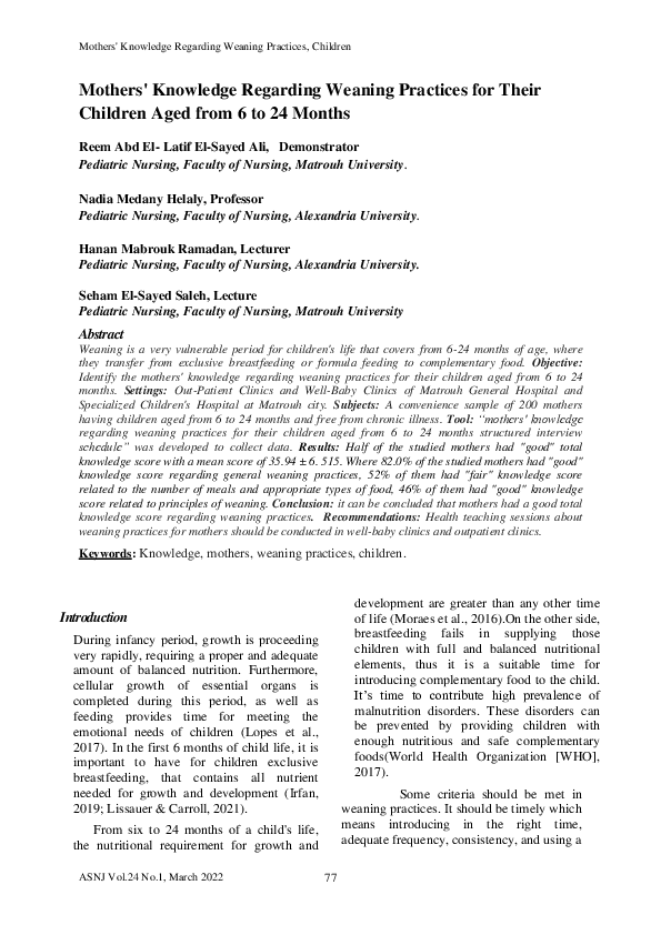 (PDF) Mothers' Knowledge Regarding Weaning Practices for Their Children ...