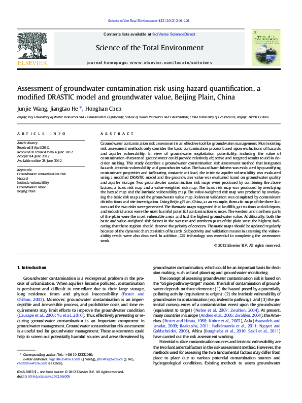(PDF) Assessment of groundwater contamination risk using hazard ...
