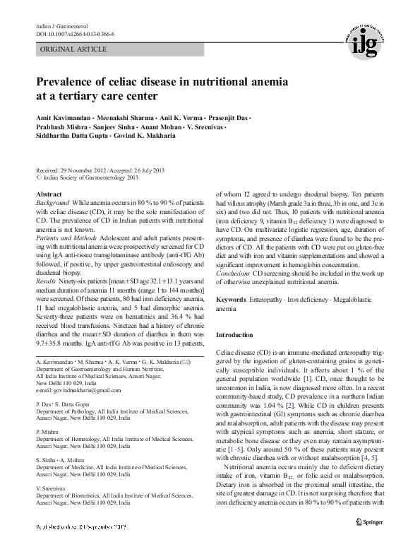 (PDF) Prevalence of celiac disease in nutritional anemia at a tertiary ...