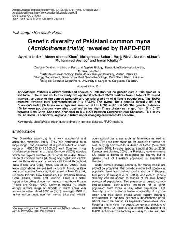 (PDF) Genetic diversity of Pakistani common myna (Acridotheres tristis ...