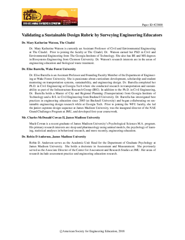 (PDF) Validating a Sustainable Design Rubric by Surveying Engineering ...