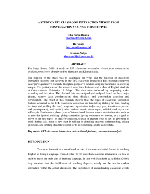 (PDF) A Study on Efl Classroom Interaction Viewed from Conversation ...
