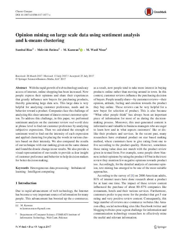 (PDF) Opinion mining on large scale data using sentiment analysis and k ...