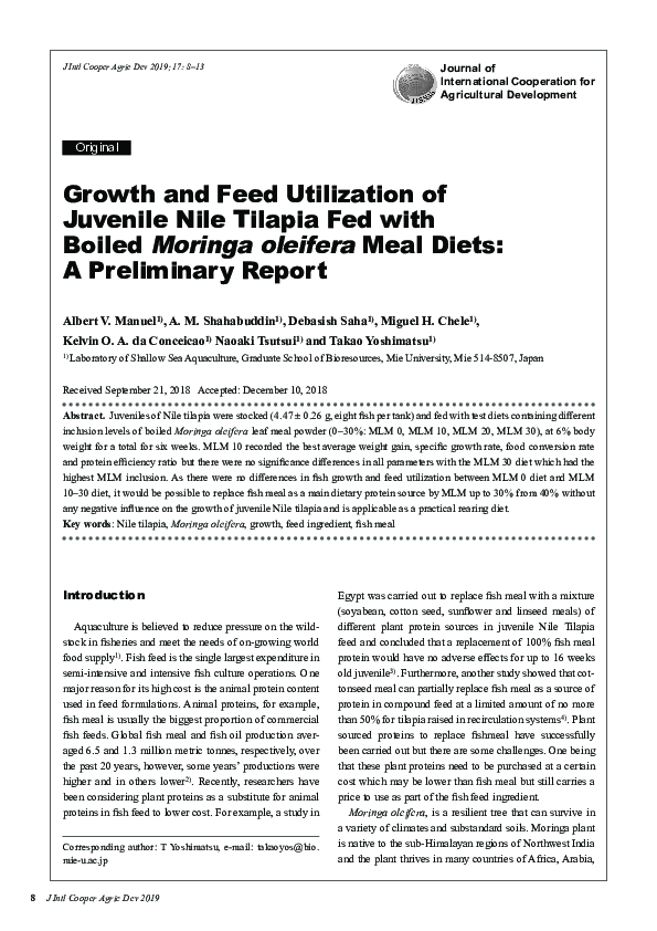 (PDF) Growth and Feed Utilization of Juvenile Nile Tilapia Fed with ...