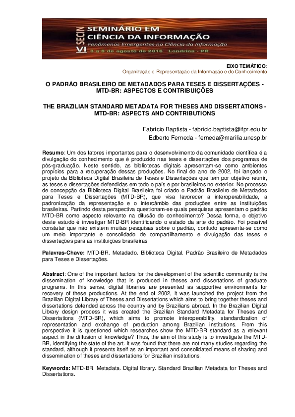 (PDF) O Padrão Brasileiro De Metadados Para Teses e Dissertações - MTD ...