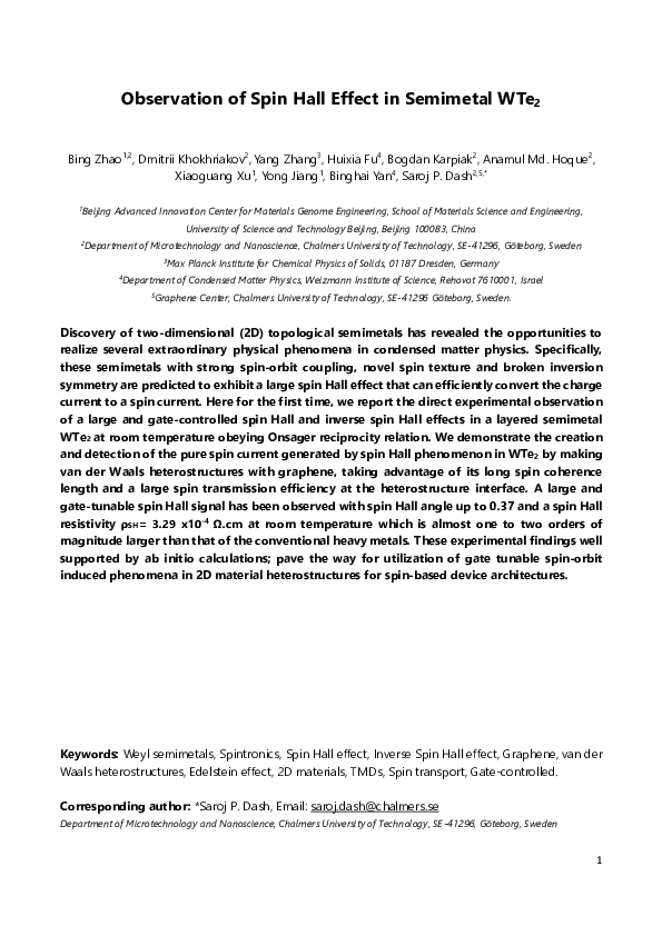 (PDF) Observation of Spin Hall Effect in Semimetal WTe2