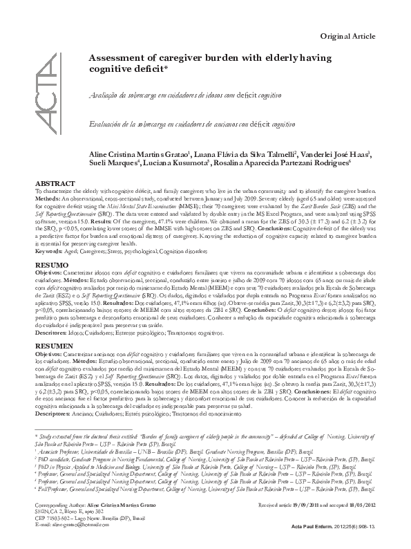 (PDF) Assessment of caregiver burden with elderly having cognitive deficit