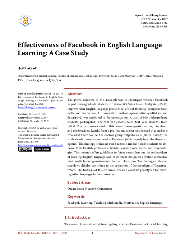 (PDF) Effectiveness of Facebook in English Language Learning A Case