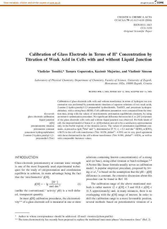 (PDF) Calibration of glass electrode in terms of H+ concentration by