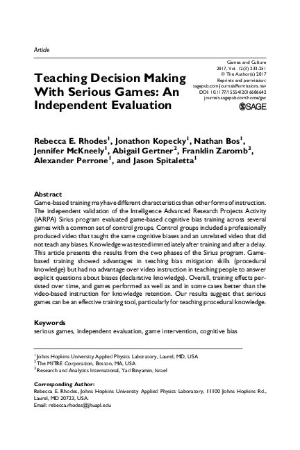 (PDF) Teaching Decision Making With Serious Games