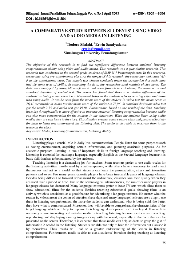 (PDF) A Comparative Study Between Students’ Using Video And Audio Media ...