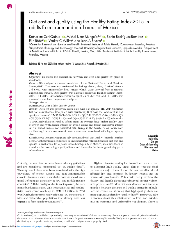 (PDF) Diet cost and quality using the Healthy Eating Index-2015 in ...
