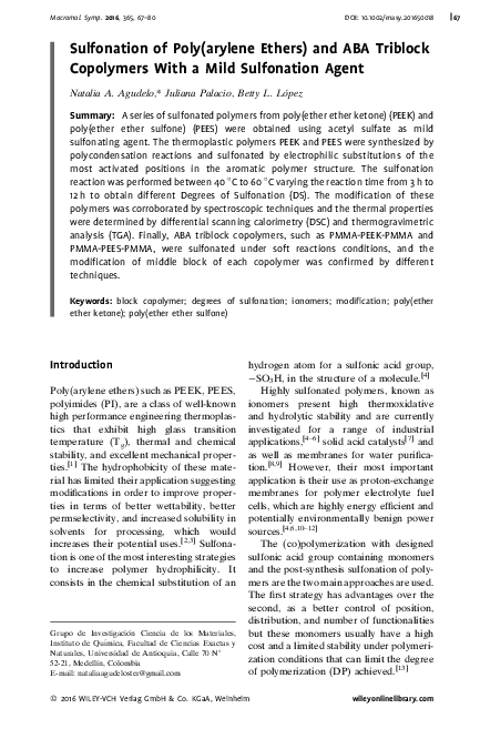 (PDF) Sulfonation of Poly(arylene Ethers) and ABA Triblock Copolymers ...