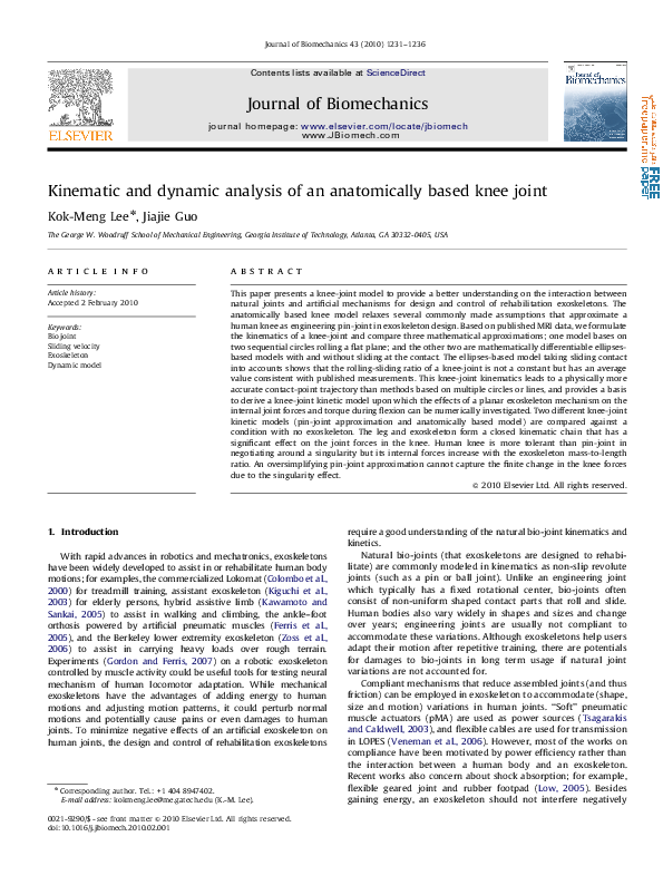 (PDF) Kinematic and dynamic analysis of an anatomically based knee joint
