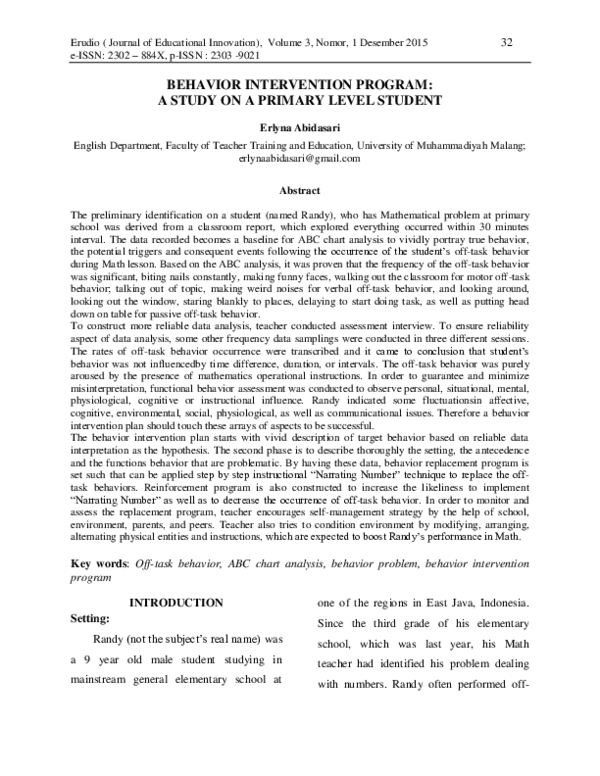 (PDF) Behavior Intervention Program: A Study on a Primary Level Student
