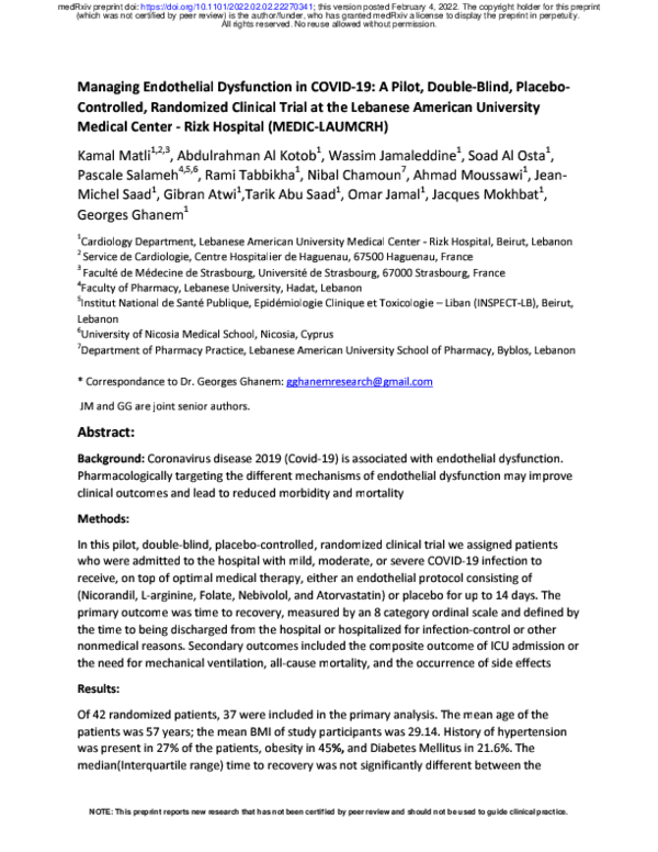 (PDF) Managing Endothelial Dysfunction in COVID-19: A Pilot, Double ...
