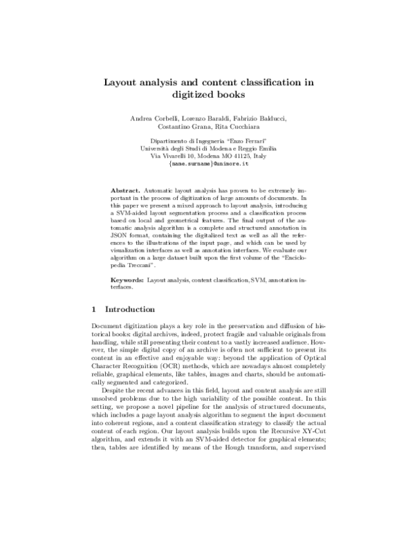 (PDF) Layout Analysis and Content Classification in Digitized Books