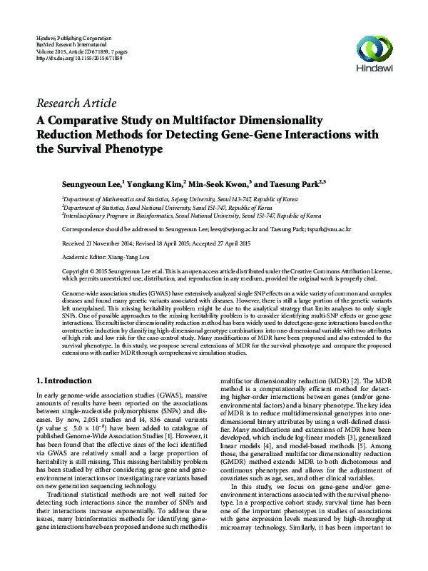 (PDF) A Comparative Study on Multifactor Dimensionality Reduction ...
