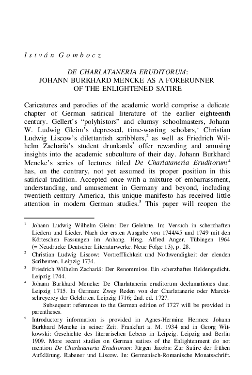 (PDF) De Charlataneria Eruditorum: Johann Burkhard Mencke as a ...