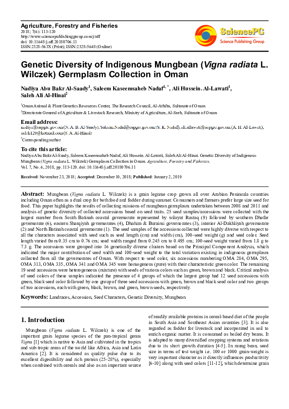 (PDF) Genetic Diversity of Indigenous Mungbean ( Vigna radiata L ...