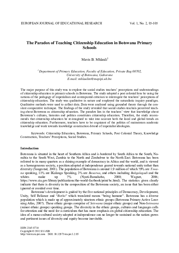 (PDF) The Paradox of Teaching Citizenship Education in Botswana Primary ...
