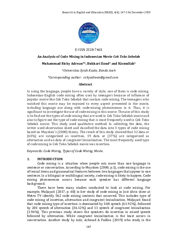 (PDF) An Analysis of Code Mixing in Indonesian Movie Cek Toko Sebelah