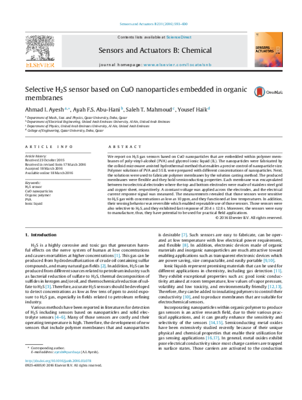 (PDF) Selective H2S sensor based on CuO nanoparticles embedded in ...