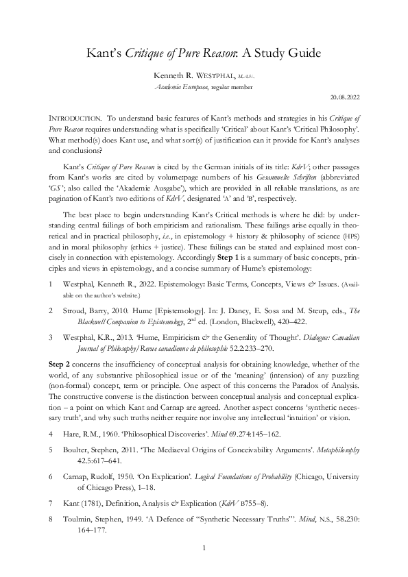 Pdf Kant S Critique Of Pure Reason A Study Guide