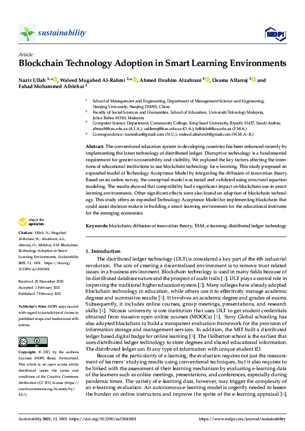 (PDF) Blockchain Technology Adoption in Smart Learning Environments