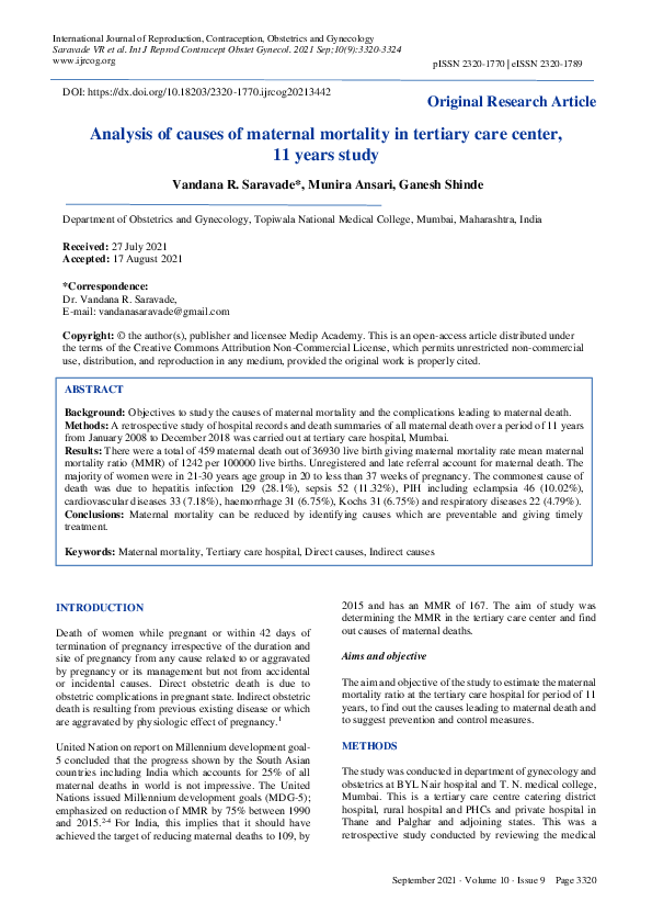 (PDF) Analysis of causes of maternal mortality in tertiary care center ...
