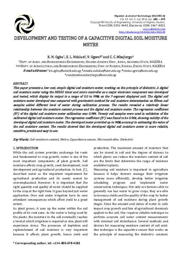 (PDF) Development and Testing of a Capacitive Digital Soil Moisture Metre