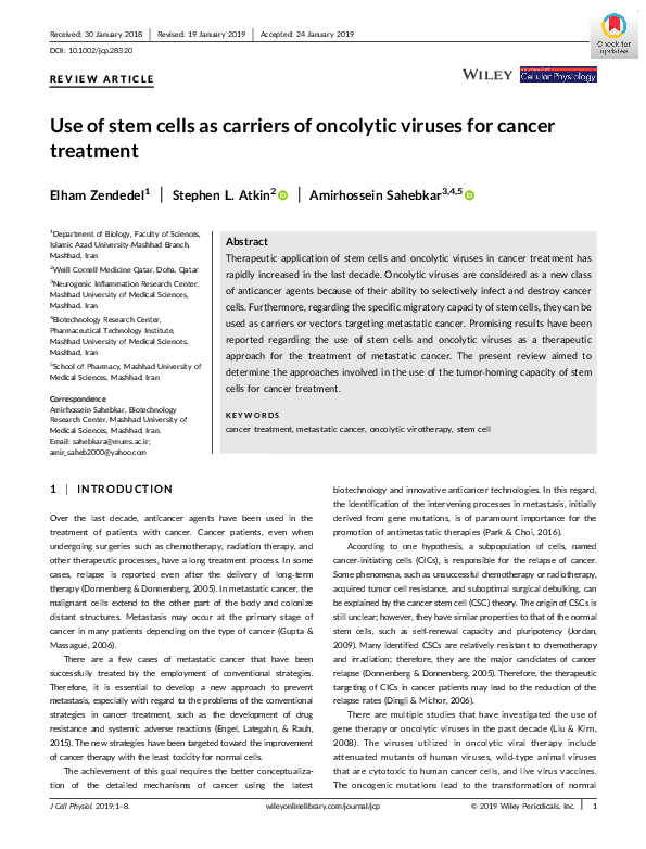 (PDF) Use of stem cells as carriers of oncolytic viruses for cancer ...