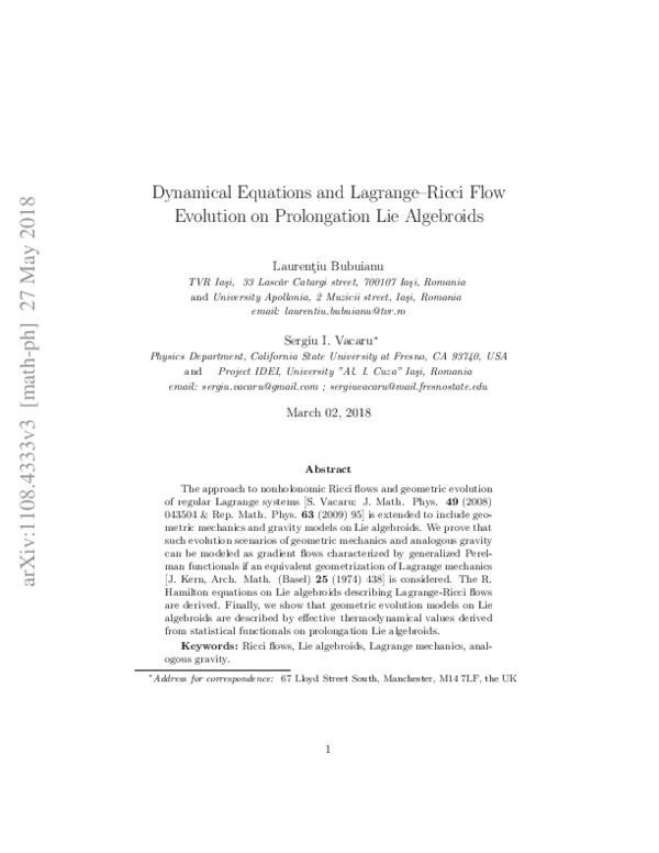 (PDF) Dynamical equations and Lagrange–Ricci flow evolution on ...