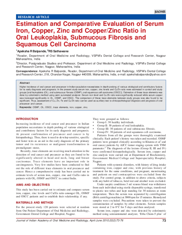(PDF) Estimation and Comparative Evaluation of Serum Iron, Copper, Zinc ...