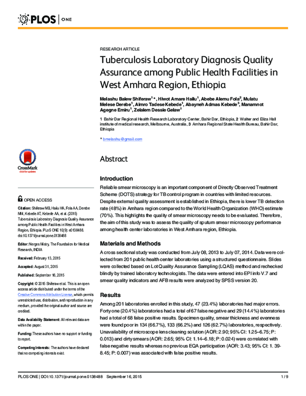 (PDF) Tuberculosis Laboratory Diagnosis Quality Assurance among Public ...