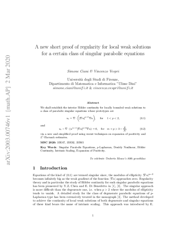 (PDF) A new short proof of regularity for local weak solutions for a ...