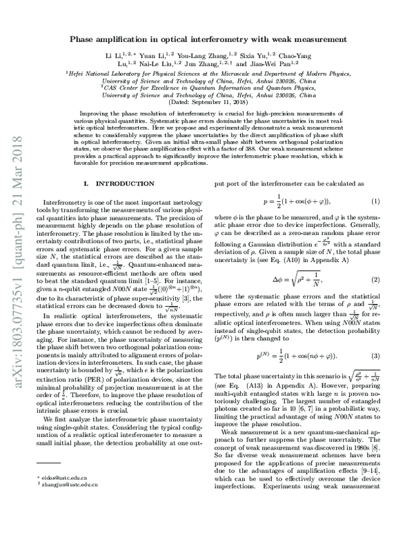 (PDF) Phase amplification in optical interferometry with weak measurement