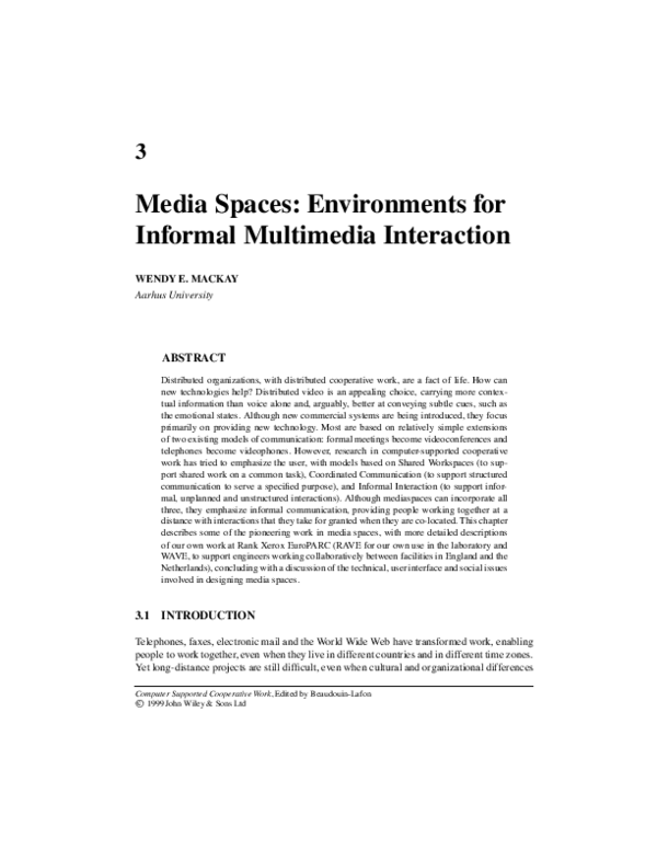 (PDF) Media spaces Environments for informal multimedia interaction Wendy Mackay Academia.edu