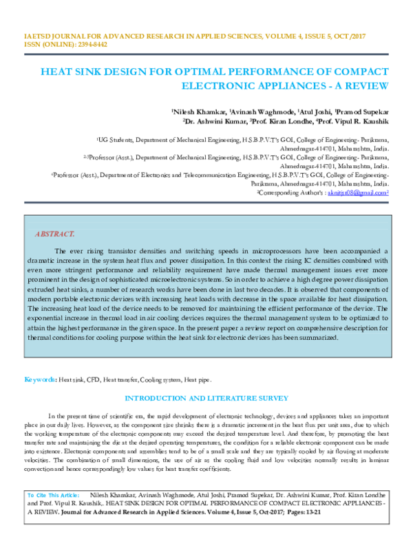 (PDF) HEAT SINK DESIGN FOR OPTIMAL PERFORMANCE OF COMPACT ELECTRONIC ...