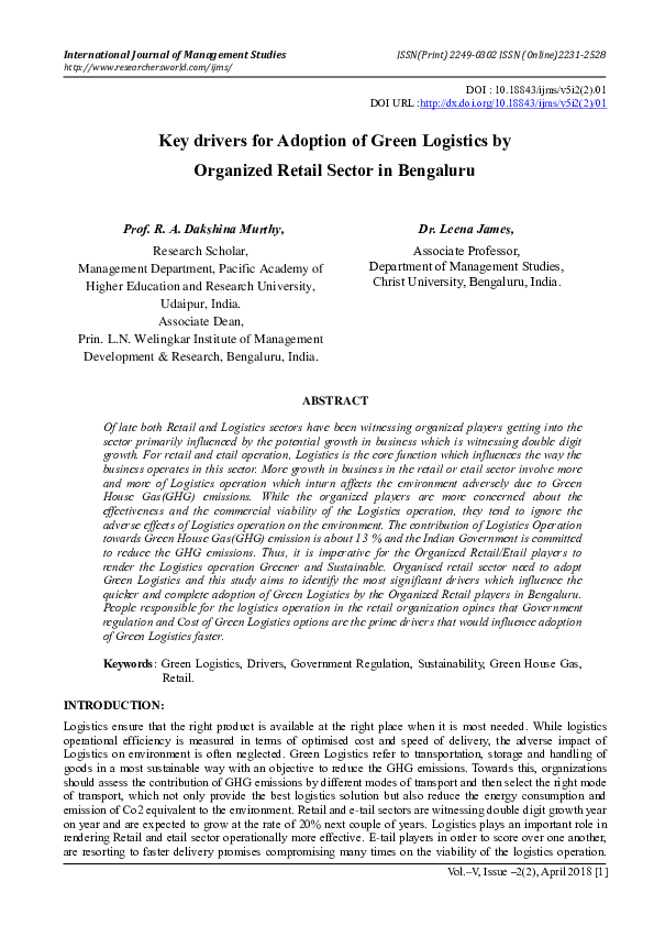 (PDF) Key drivers for Adoption of Green Logistics by Organized Retail ...