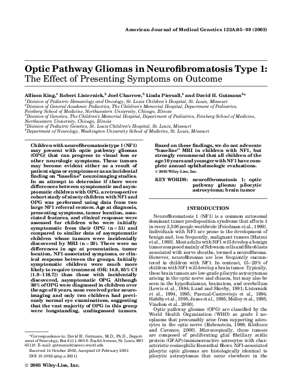 (PDF) Optic pathway gliomas in neurofibromatosis type 1: The effect of ...