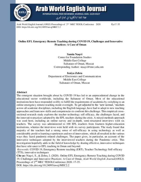 (PDF) Online EFL Emergency Remote Teaching during COVID 19, Challenges ...
