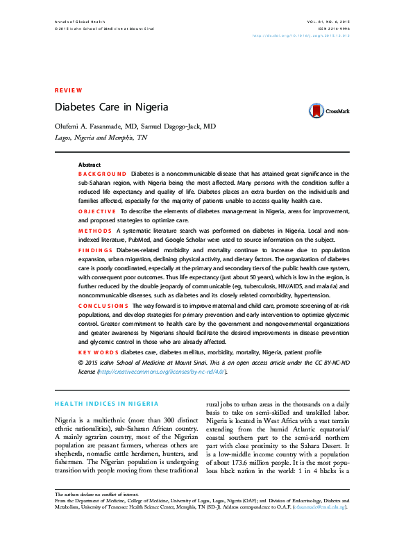 (PDF) Diabetes Care in Nigeria Olufemi Fasanmade Academia.edu