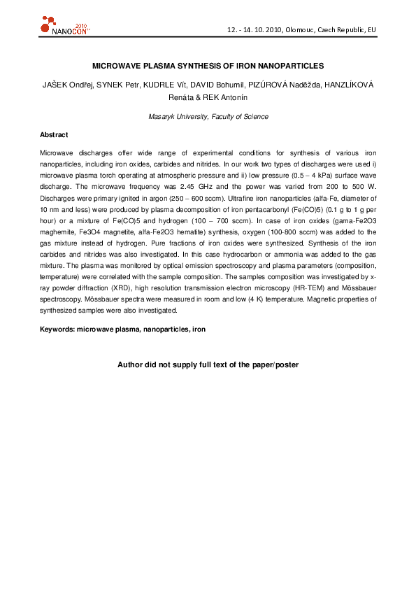(PDF) Microwave Plasma Synthesis of Iron Nanoparticles