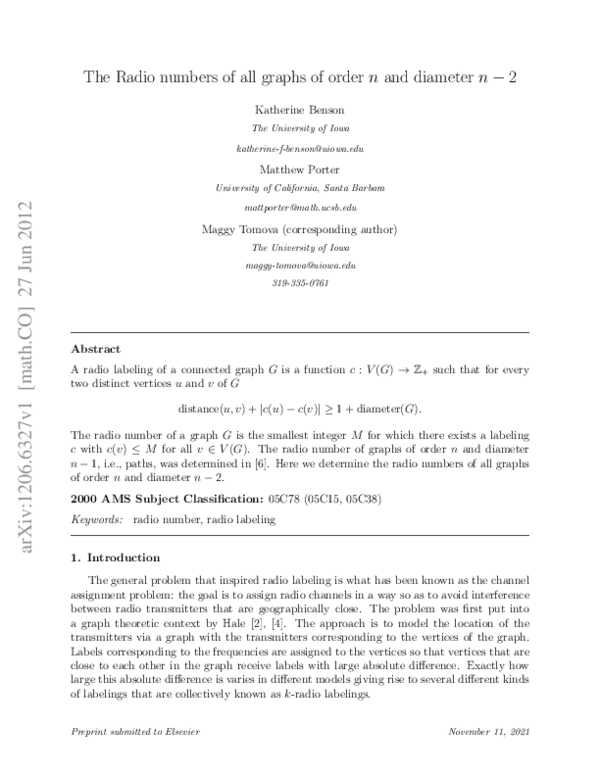 (PDF) The Radio numbers of all graphs of order $n$ and diameter $n-2$