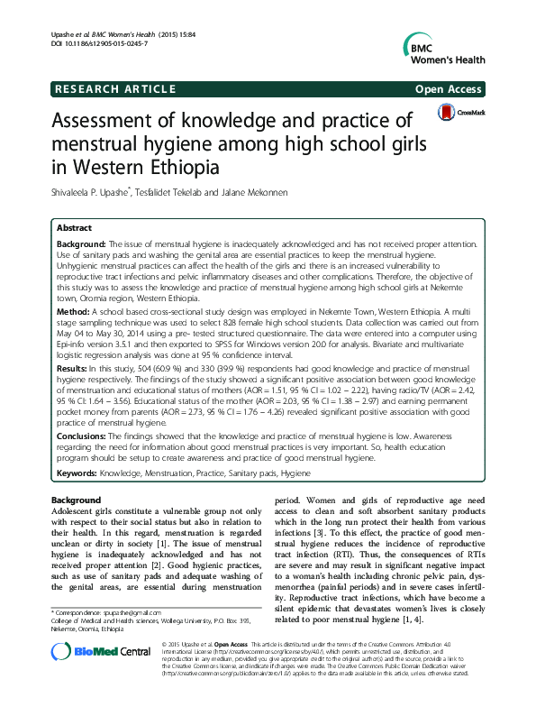 (PDF) Assessment of knowledge and practice of menstrual hygiene among