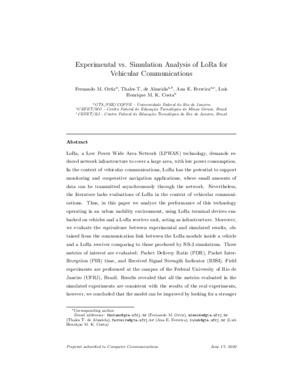 (PDF) Experimental vs. simulation analysis of LoRa for vehicular ...