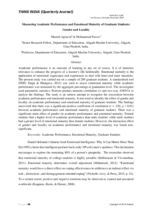 (PDF) Measuring Academic Performance and Emotional Maturity of Graduate ...