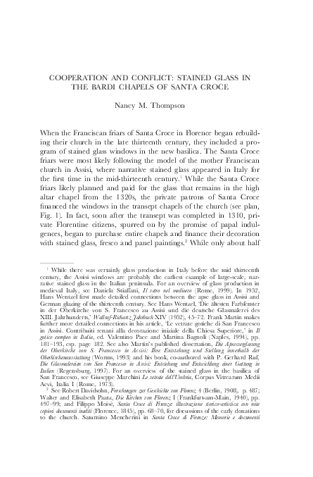 “Cooperation and Conflict: Stained Glass in the Bardi Chapels of Santa Croce,” in The Art of the Franciscan Order in Italy, ed. William Cook. The Medieval Franciscans I, ed. Steven McMichael (Leiden: Brill Publishing, 2005), pp. 257-77.